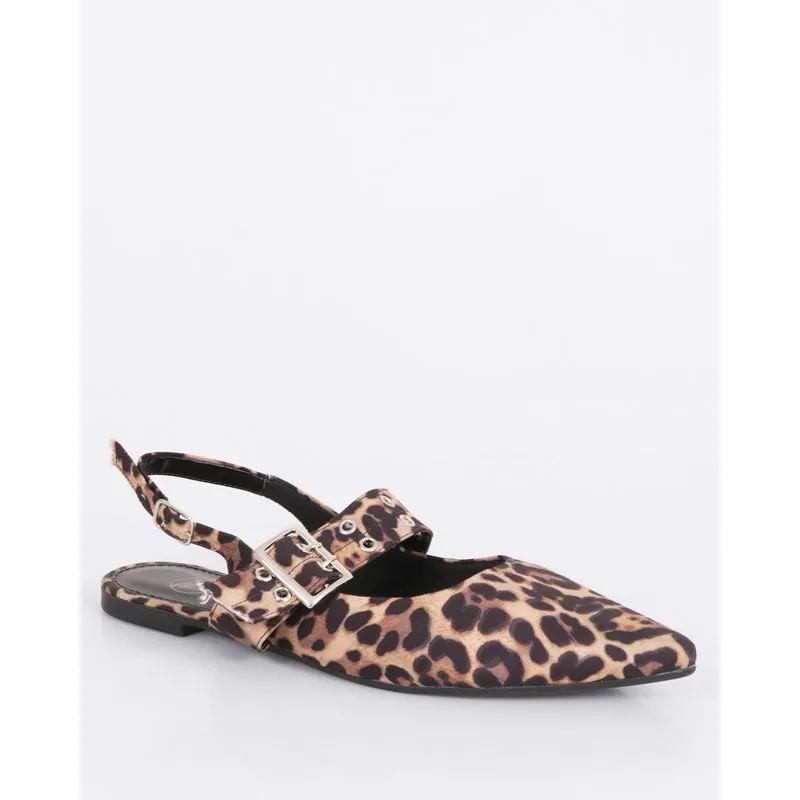 Sapatilha Feminina Bico Fino Animal Print Com Fivela Tachas Bege 34