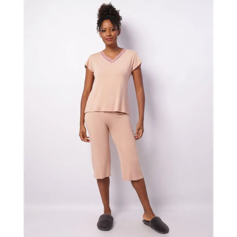 Pijama Feminino Pantacourt Decote V Com Renda Rosa GG