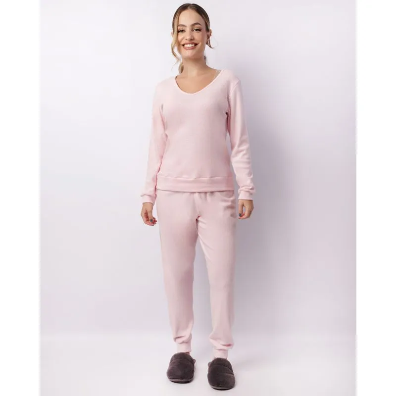 Pijama Feminino Longo Flanelado Decote V Rosa GG