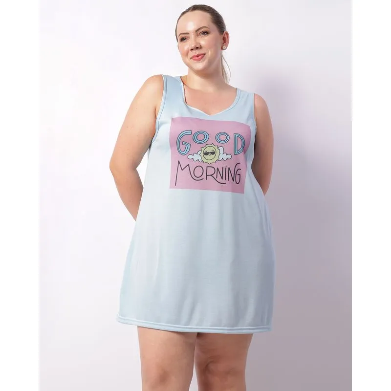 Camisola Plus Size Feminino Regata Estampa Good Morning Azul 48
