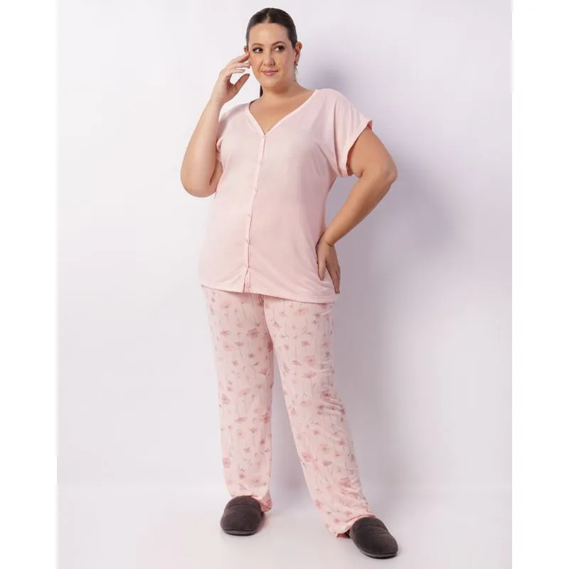 Pijama Plus Size Feminino Longo Decote V Com Botões Rosa 50