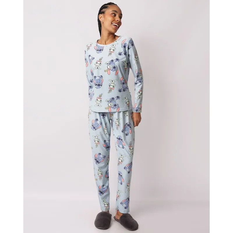 Pijama Feminino Longo Estampado Disney Stitch Azul P