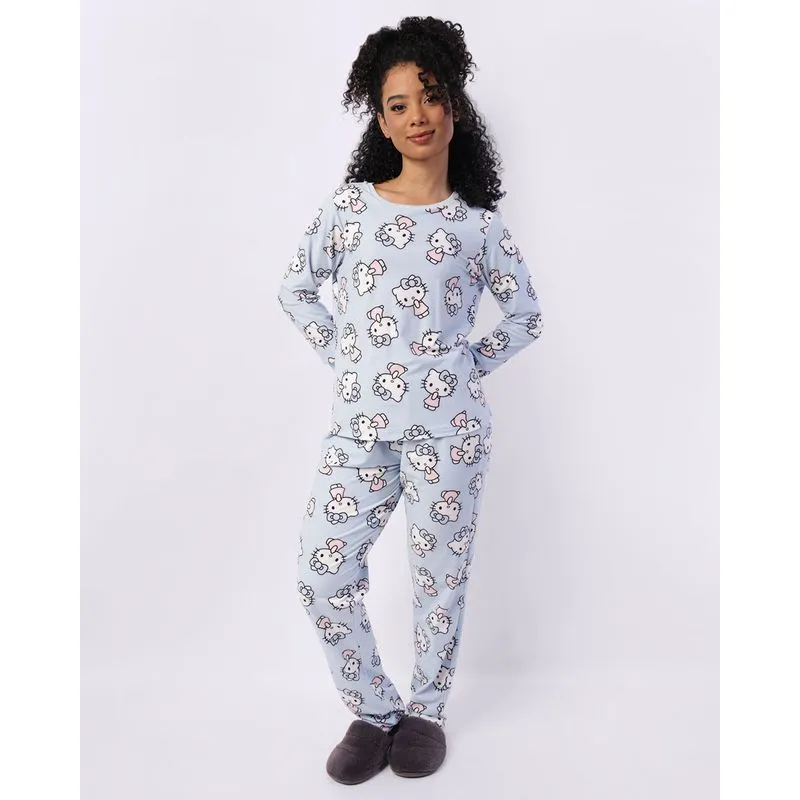 Pijama Feminino Longo Estampado Hello Kitty Azul M