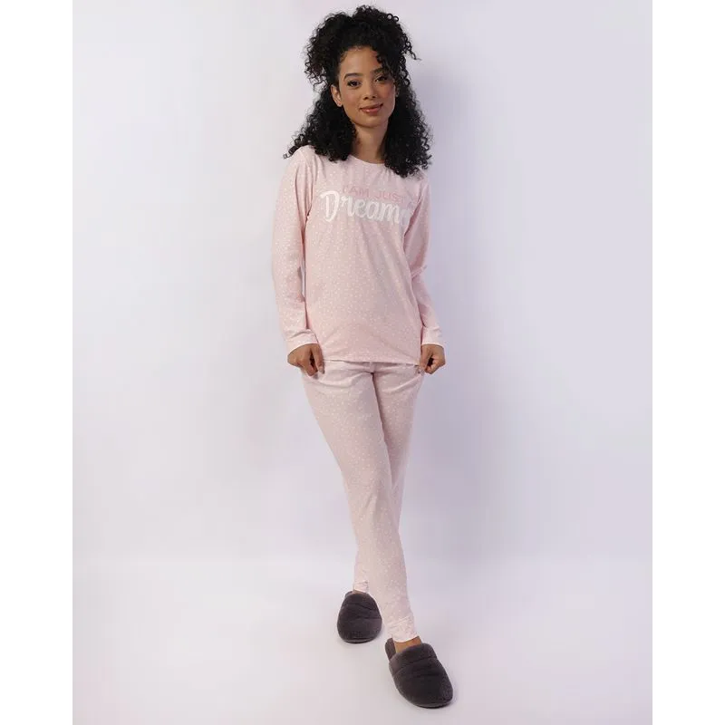 Pijama Feminino Longo Liganete Estampado Poá Rosa GG