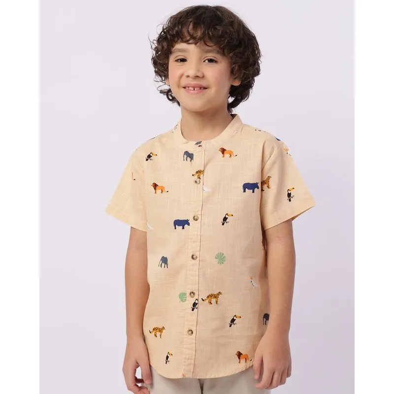 Camisa Infantil Manga Curta Gola Padre Estampada Algodão Bege 10