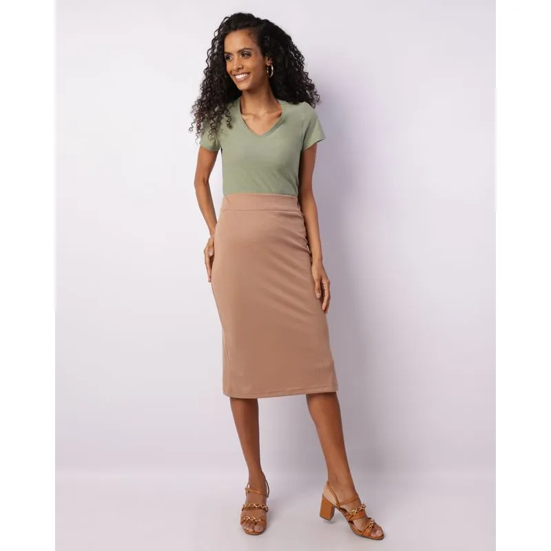 Saia Feminina Midi Canelada Com Fenda Bege M
