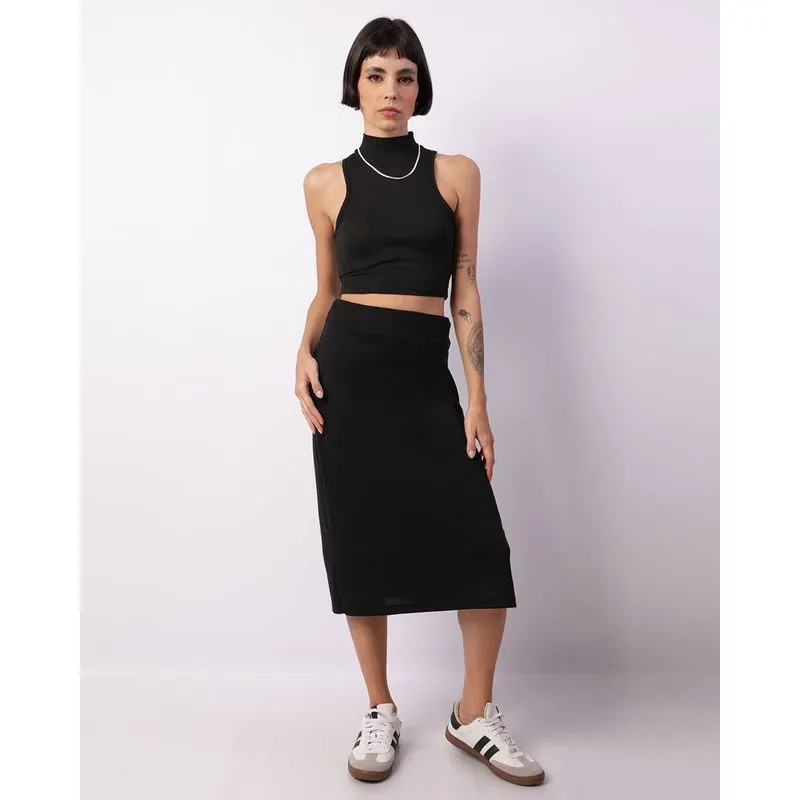 Saia Feminina Midi Canelada Com Fenda Preta P