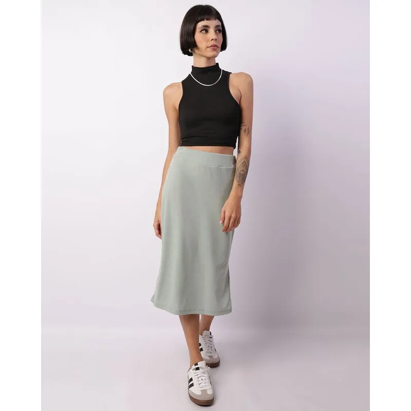 Saia Feminina Midi Canelada Com Fenda Verde P