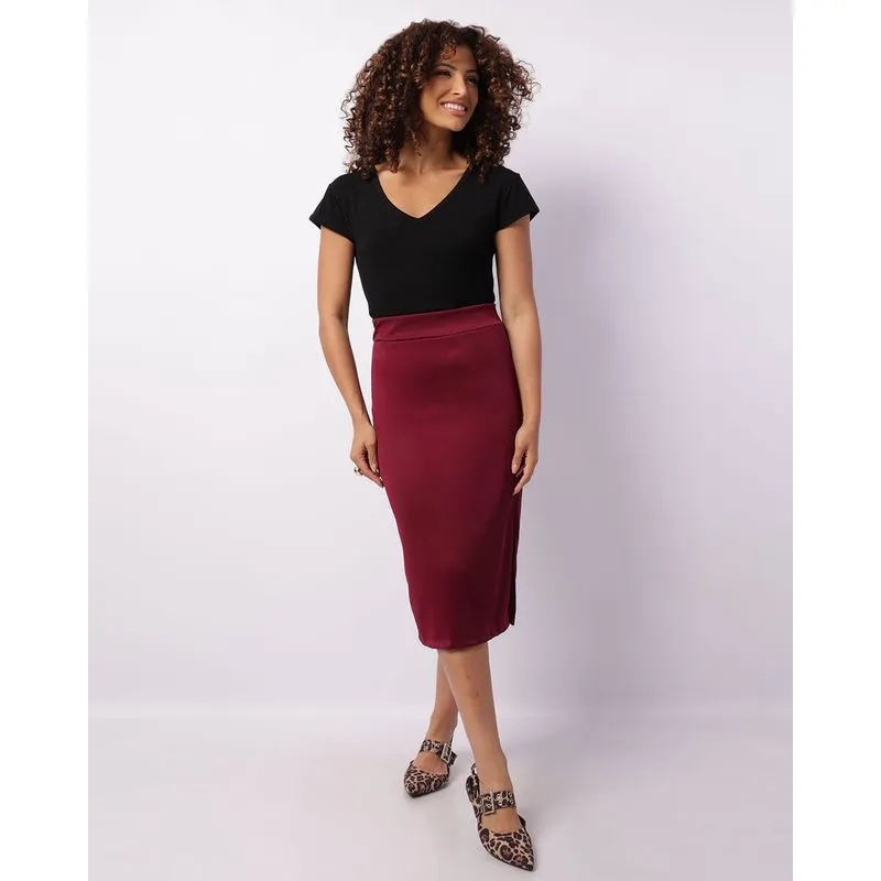 Saia Feminina Midi Canelada Com Fenda Vinho M