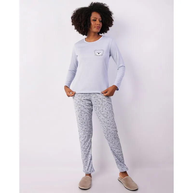 Pijama Feminino Longo Estampa Urso Azul M