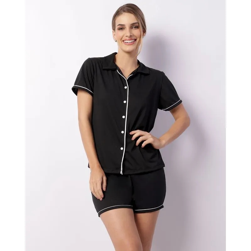 Pijama Feminino Curto Americano Poliviscose Preto P
