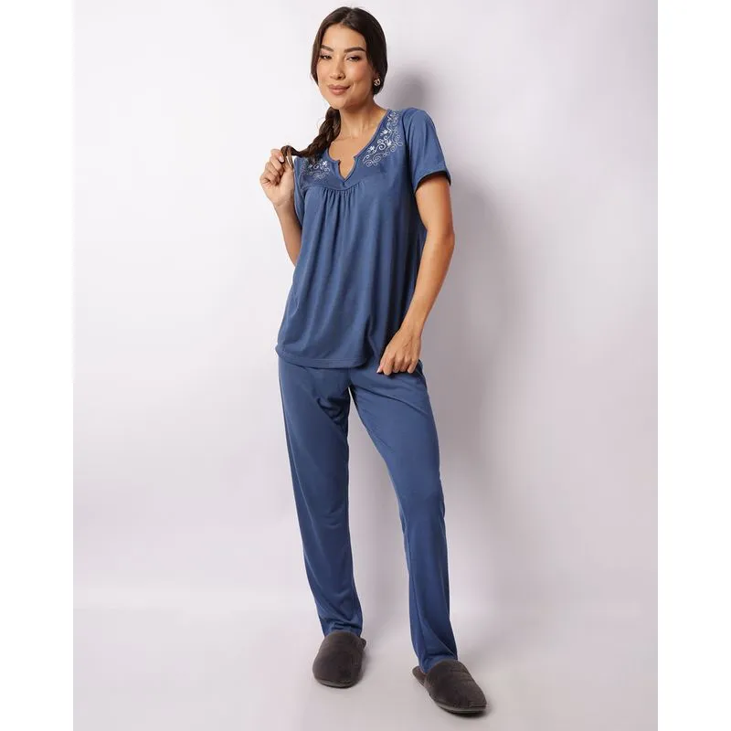 Pijama Feminino Longo Manga Curta Com Bordado Azul GG