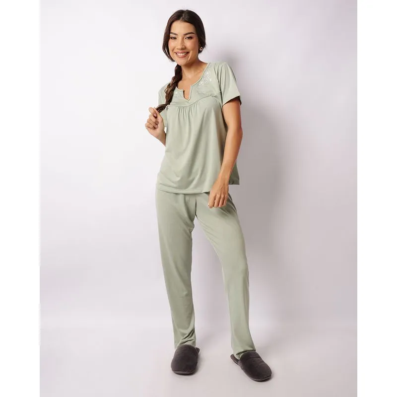 Pijama Feminino Manga Curta Com Bordado Verde GG