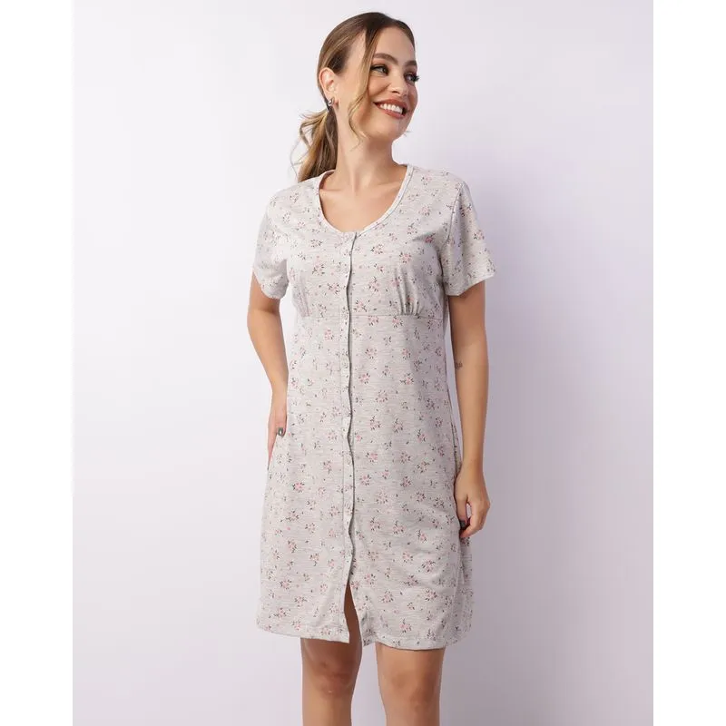 Camisola Feminina Manga Curta Com Botões Estampada Cinza G