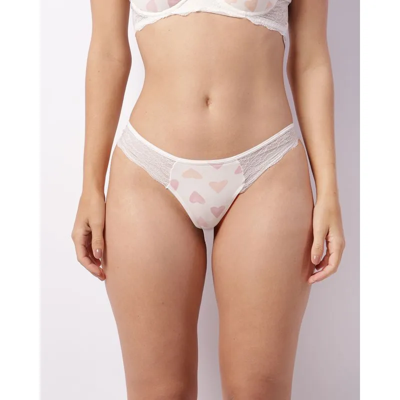 Calcinha Feminina Fio Dental Renda Estampa Corações Branca P