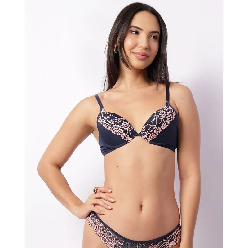 Sutiã Feminino Push Up Com Bojo Detalhe Renda Marinho 46