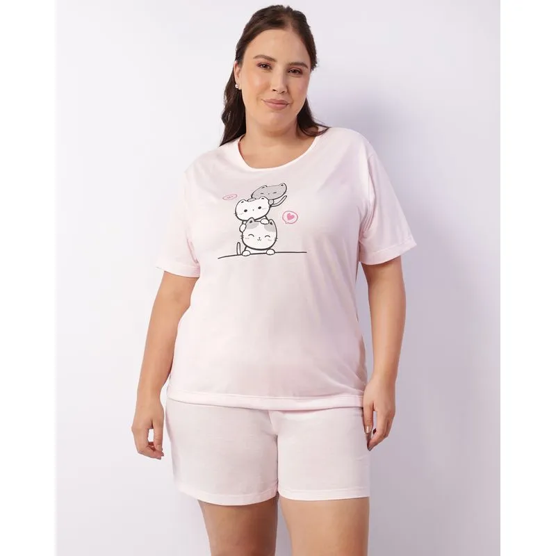 Pijama Plus Size Estampa Gatinho Curto Rosa 52