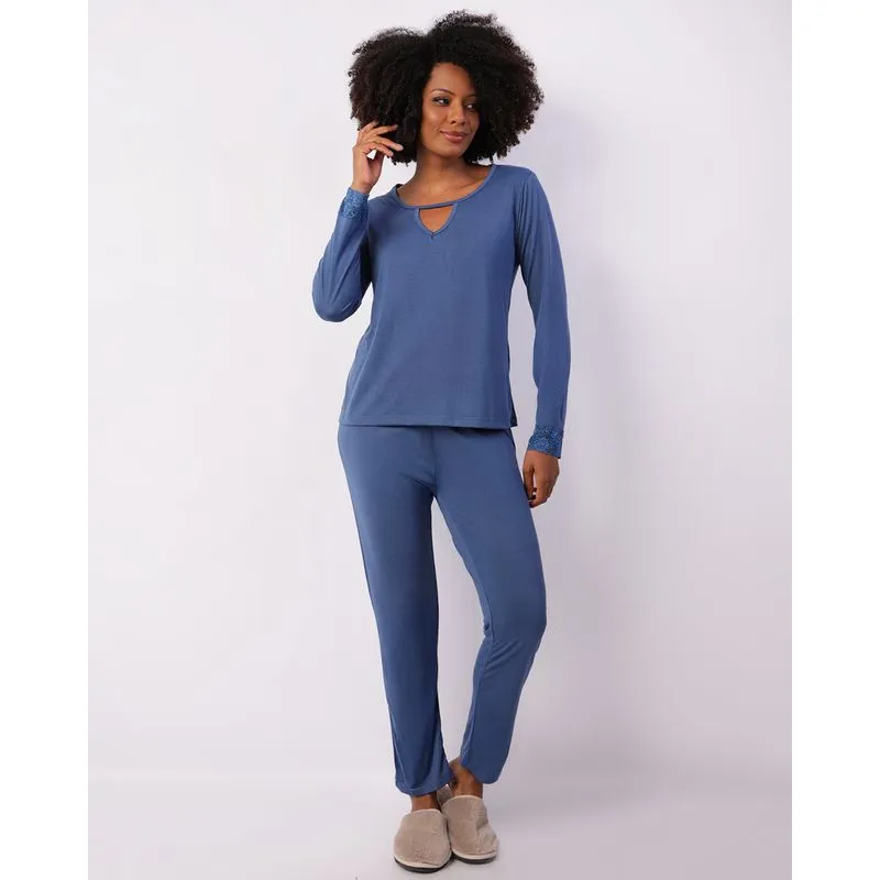 Pijama Feminino Longo Decote Vazado Com Renda Azul G