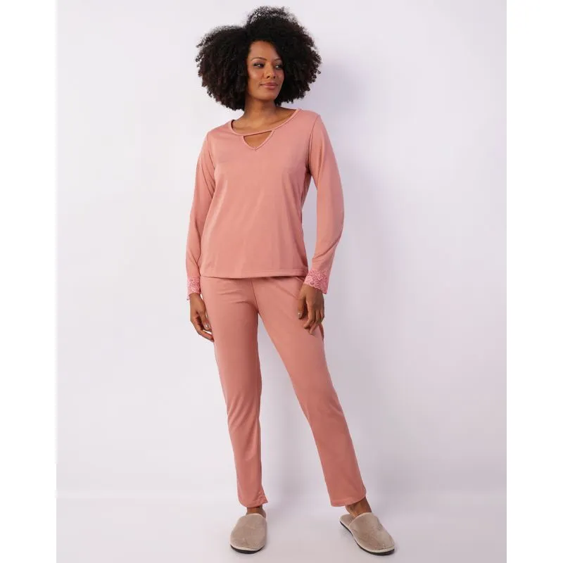 Pijama Feminino Longo Decote Vazado Com Renda Rosa M