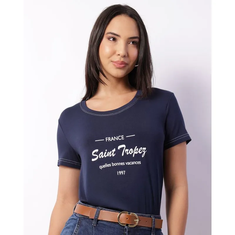 Blusa Feminina Manga Curta Estampada Marinho P