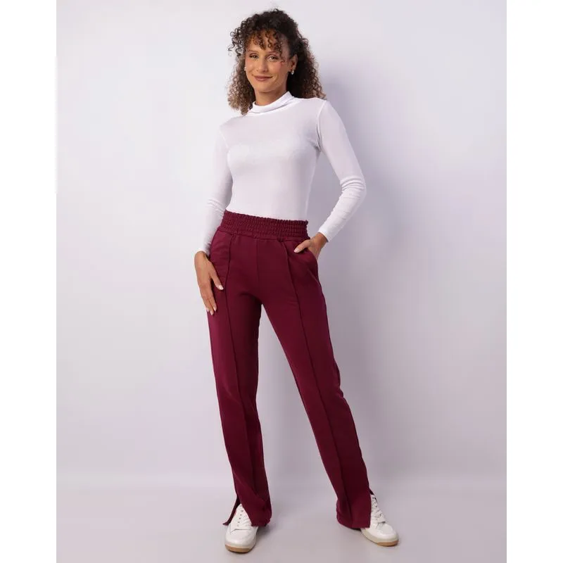 Calça Moletom Feminina Reta Frisos Com Bolsos Vinho GG