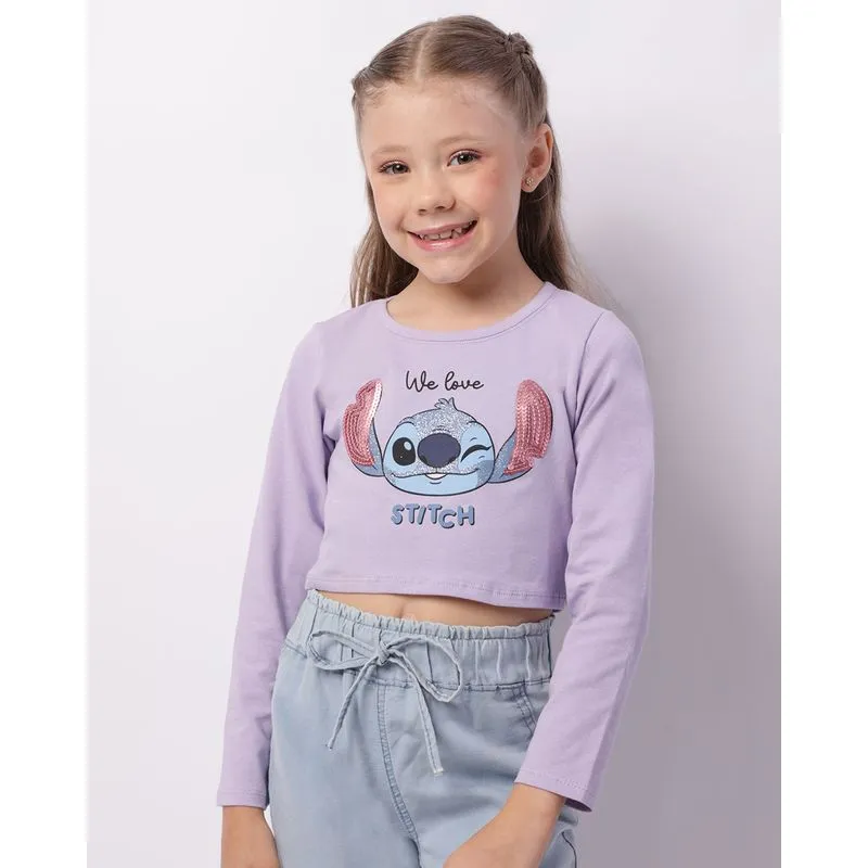Camiseta Infantil Cropped Disney Stitch Com Paetê Lilás 4