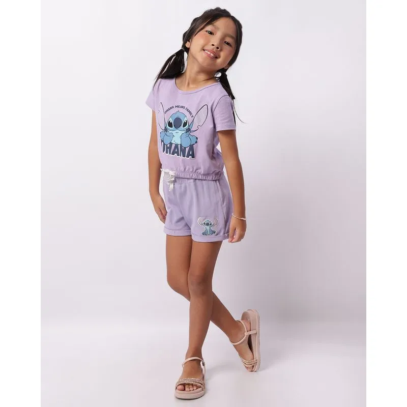 Short Infantil Disney Stitch Curto Com Glitter Lilás 6