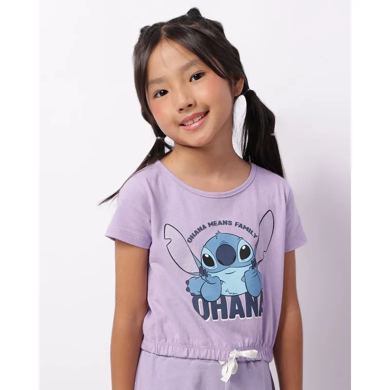 Camiseta Infantil Disney Stitch Cropped Manga Curta Lilás 6