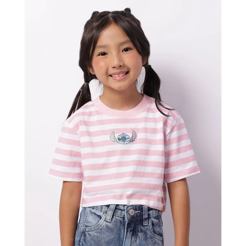 Camiseta Infantil Disney Stitch Cropped Listras Manga Curta Rosa 4