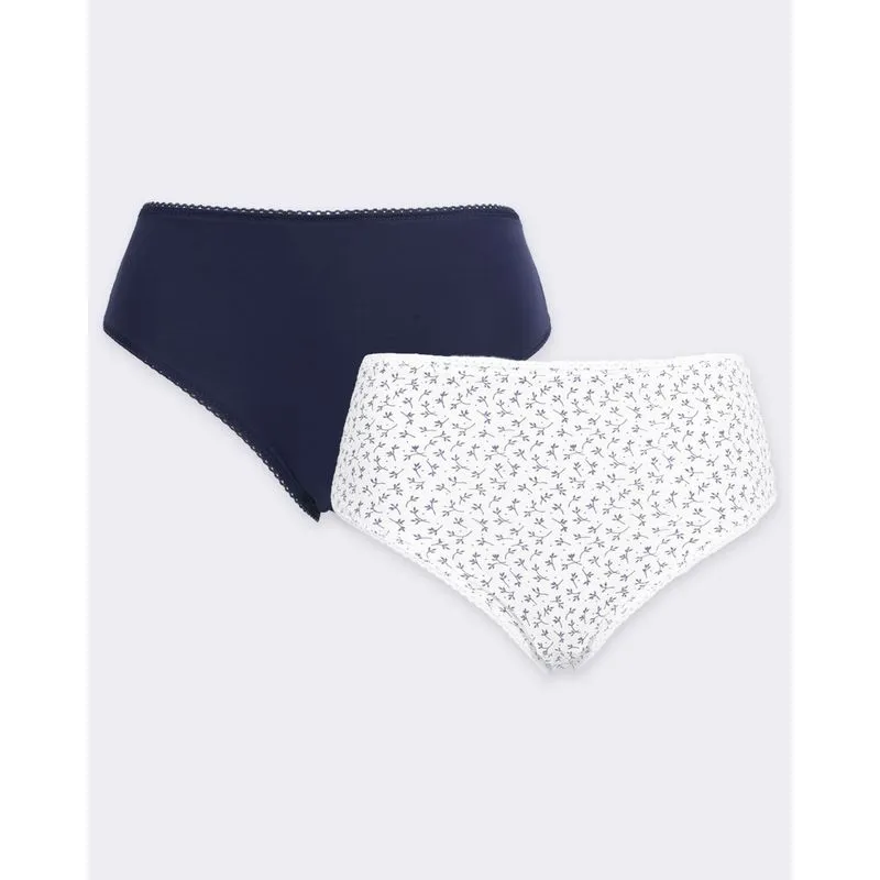 Kit 2 Calcinhas Femininas Biquíni Branca Floral e Marinho P