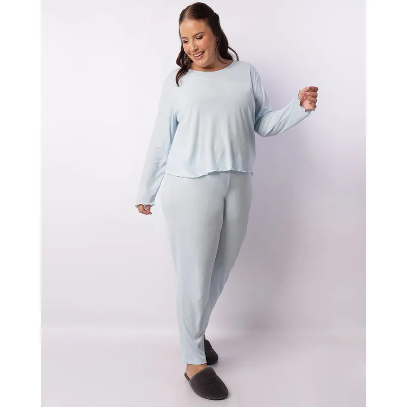 Pijama Plus Size Feminino Longo Canelado Azul 48
