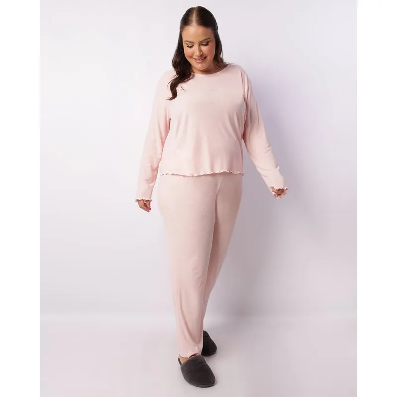 Pijama Plus Size Feminino Longo Canelado Rosa 52