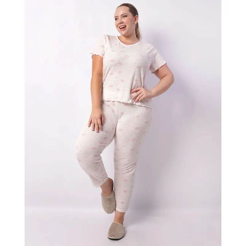 Pijama Plus Size Feminino Longo Canelado Estampa Gatinhos Off White 52