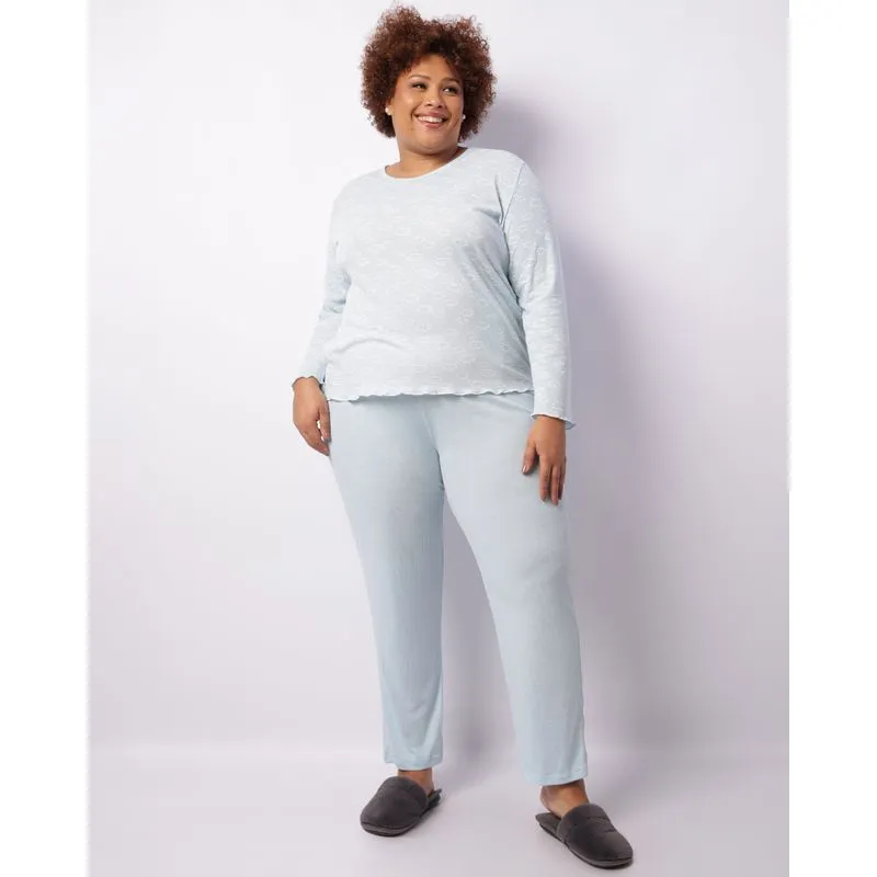 Pijama Plus Size Feminino Longo Canelado Estampa Com Frufru Azul 52
