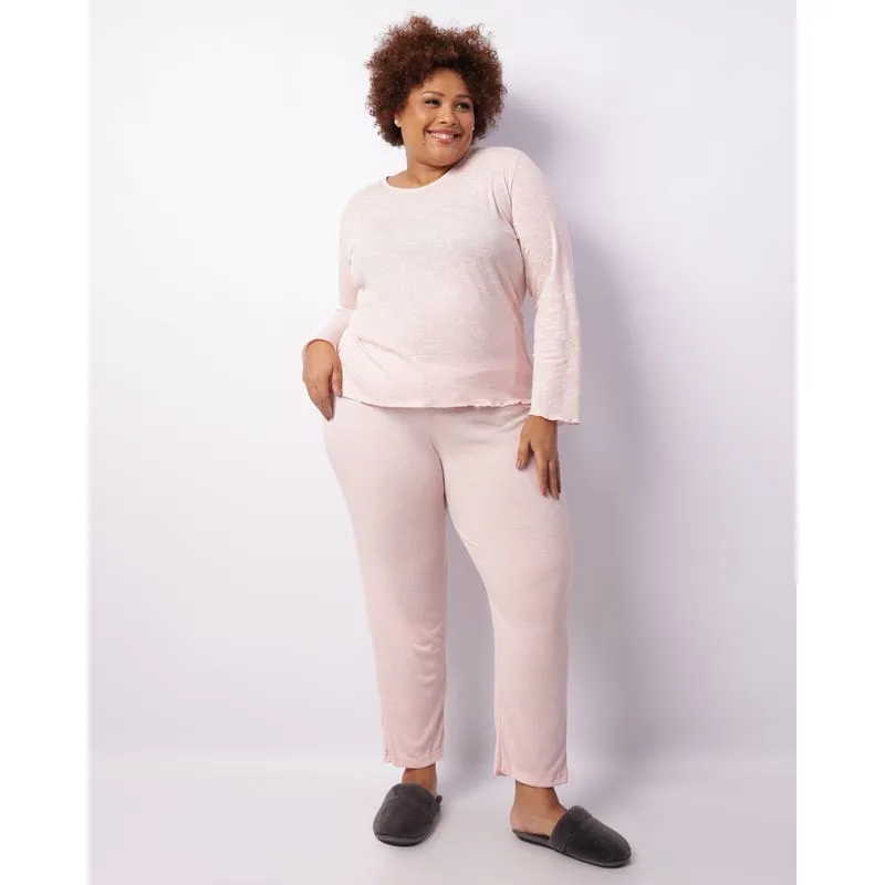 Pijama Plus Size Feminino Longo Canelado Estampa Com Frufru Rosa 48