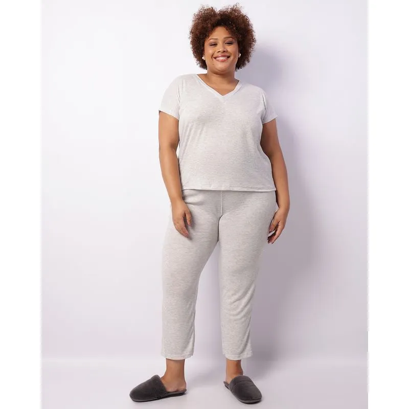 Pijama Plus Size Feminino Canelado Cinza 48