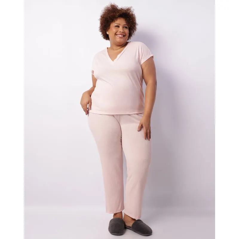 Pijama Plus Size Feminino Canelado Rosa 48