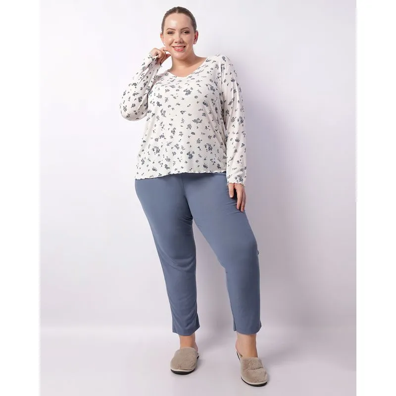 Pijama Plus Size Feminino Longo Canelado Estampado Off White 48