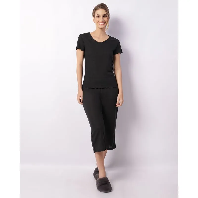 Pijama Feminino Pantacourt Canelado Maquinetado Preto P