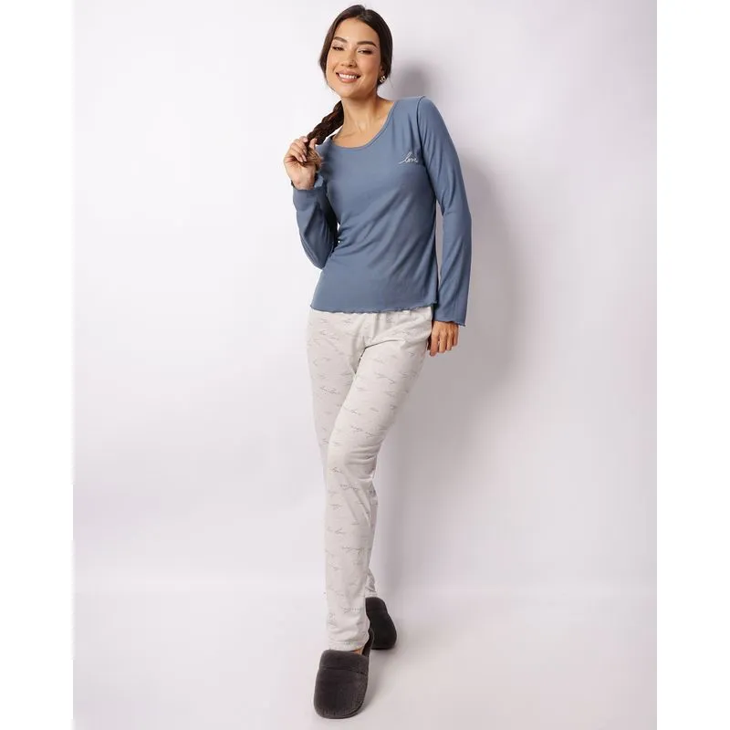 Pijama Feminino Longo Bordado Love Azul G