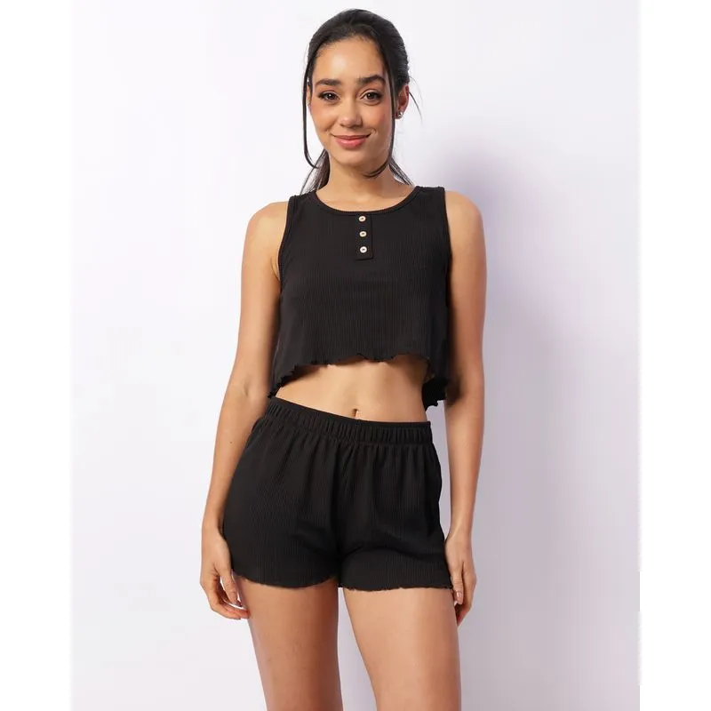 Pijama Feminino Regata Curto Canelado Com Botões Preto P