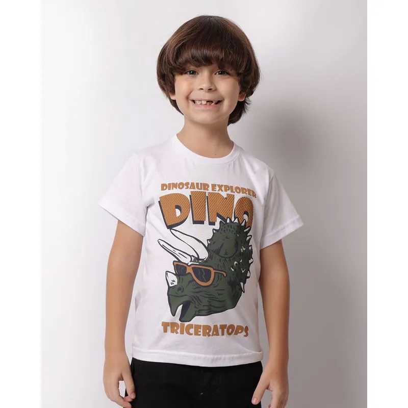 Camiseta Infantil Estampa Dinossauro Manga Curta Branca 6
