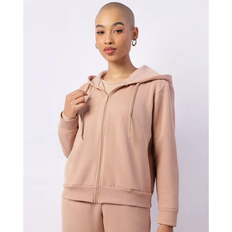 Jaqueta Moletom Feminina Com Capuz E Bolsos Bege GG