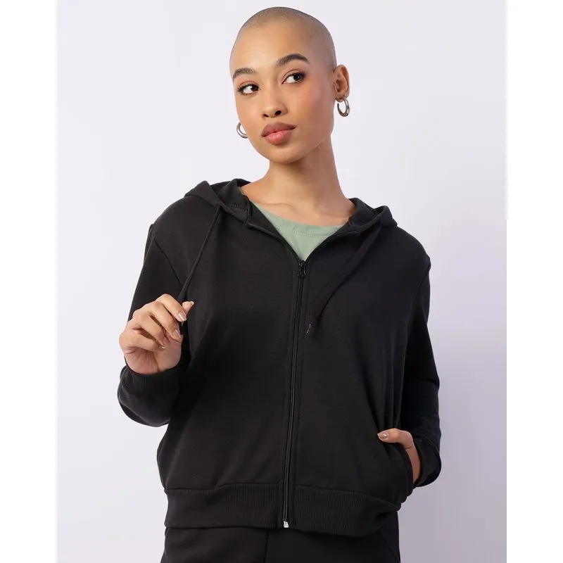 Jaqueta Moletom Feminina Com Capuz E Bolsos Preta P