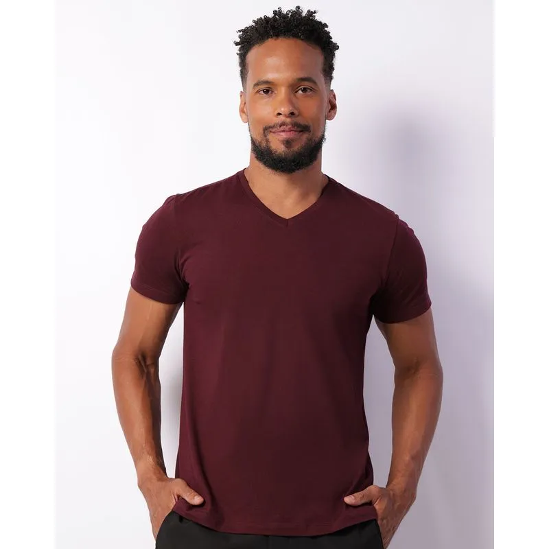 Camiseta Masculina Básica Gola V Vinho GG