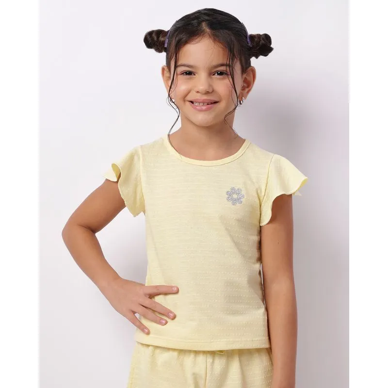 Blusa Infantil Texturizada Manga Curta Babado Aplique Flor Amarela 10
