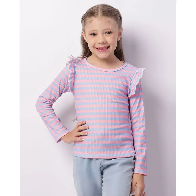 Blusa Infantil Manga Longa Canelada Listrada Azul 10