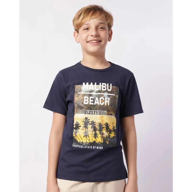 Camiseta Juvenil Algodão com Estampa Tropical Manga Curta Marinho 10