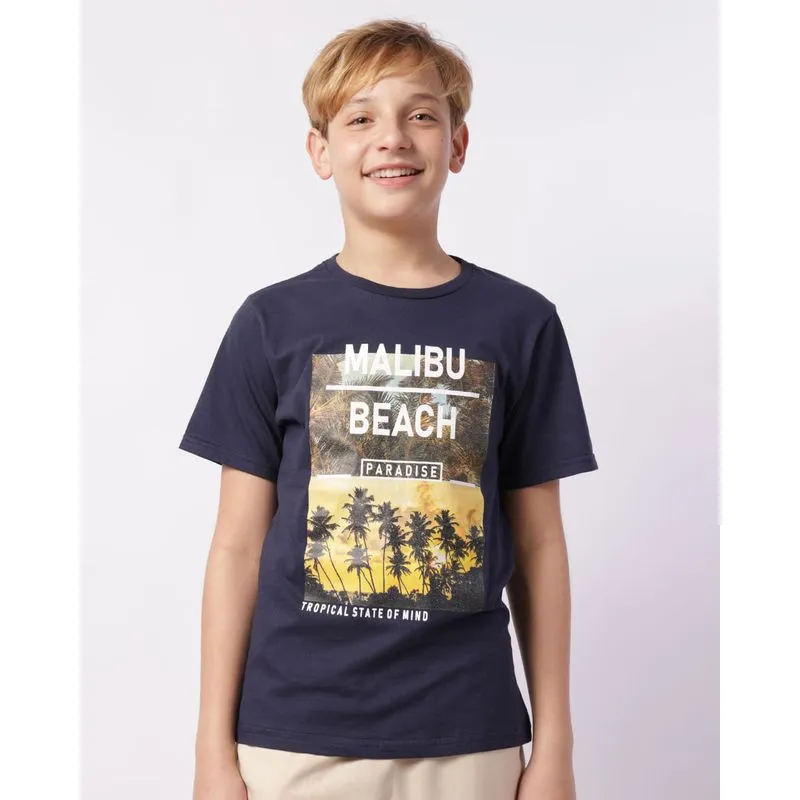 Camiseta Juvenil Algodão com Estampa Tropical Manga Curta Marinho 12