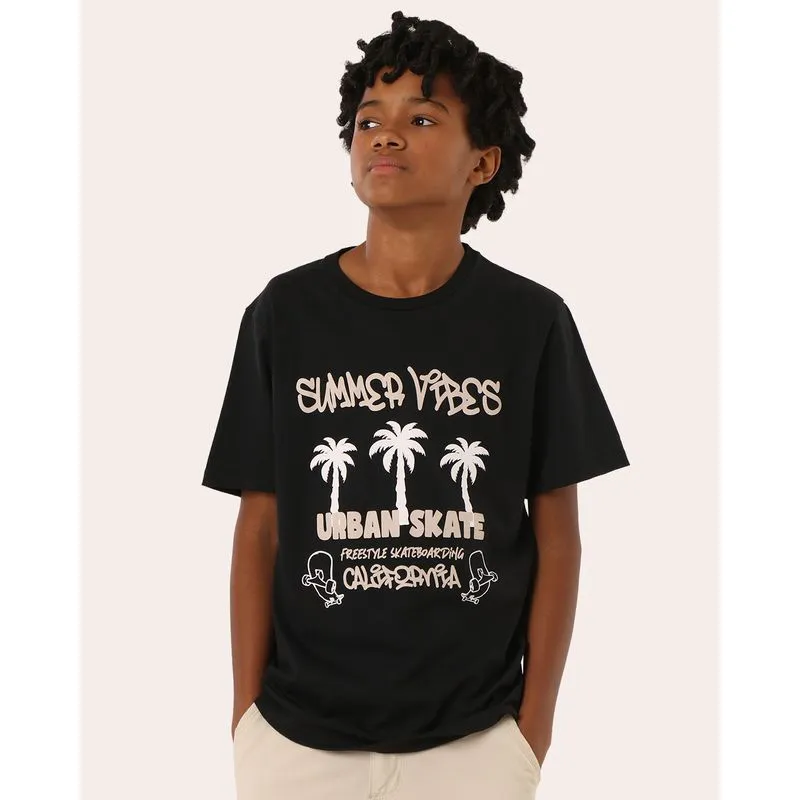 Camiseta Juvenil Algodão Summer Vibes Manga Curta Preta 18